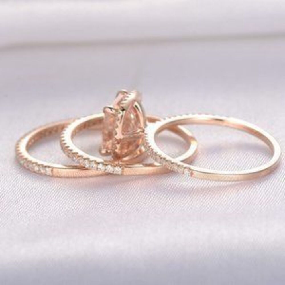 NEW 18K Rose Gold Cushion Morganite 3PC Ring Set Q
